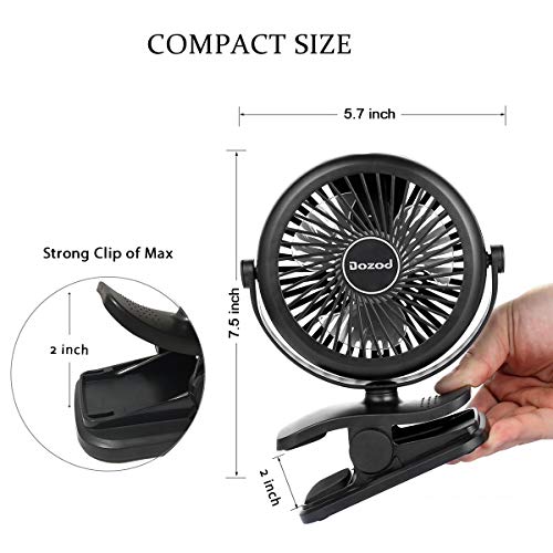 Dozod Battery Operated Clip on Personal Fan, Portable Mini Desk Fan, Super Quiet, 3 Speed, USB Powered Clip on Fan for Baby Stroller Carseat Office Outdoor