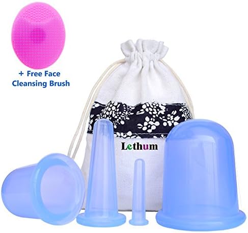 Cupping Therapy Set by Lethum - with 4 pcs Silicone Facial and Body Massage Cupping Cups and a Free Face Cleansing Brush - Great for Anti Aging, Pain Relief, Anti Cellulite, Acupuncture, Relaxation