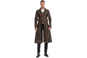 TZMAPU Men's Faux Leather Motorcycle Trench Coat Black Long Punk Jacket