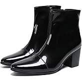 Santimon Mens Boots Casual Patent Leather Chelsea Dress Boots Zipper on Side Mid Calf Boots for Men
