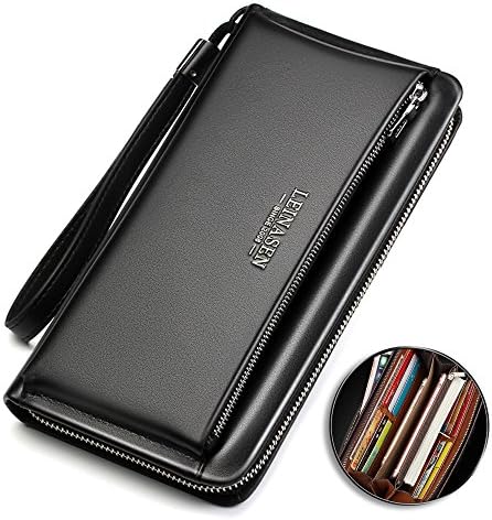 Men Clutch Bag Genuine Leather Business Organizer Checkbook Wallet Purse Wrist Strap