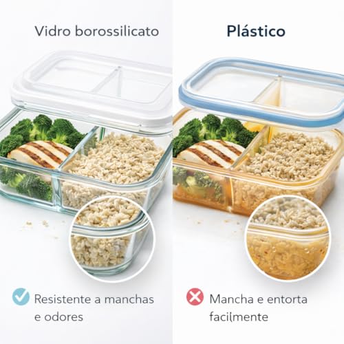 Kit com 5 Marmitas de Vidro com Divisória 1040ml - Potes Herméticos com Tampa e 2 Compartimentos - Ideal para Meal Prep Fitness - Vai ao Microondas, Forno e Freezer