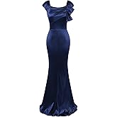 MUXXN Women 50s Style Retro Cap Sleeve Square Neck Satin Evening Cocktail Wedding Guest Long Maxi Dress