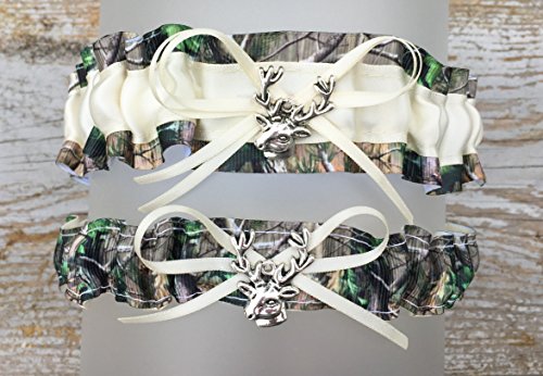 Sexy Camouflage Ivory Satin Camo Prom Wedding Bridal Garter SET - Deer Head Charm - Thumbnail 2