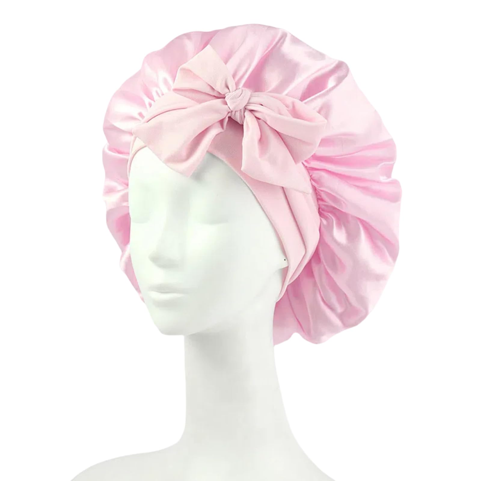 Mcoser Pink Silk Sleep Bonnets for Women,Adjustable Night Sleeping Cap,Elastic Band Silk Bonnet with Bow for Confinement Beauty&Hair Care