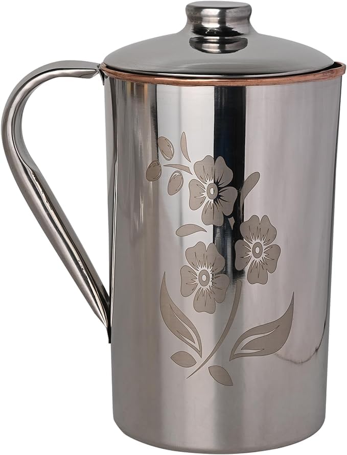 Copper and Stainless Steel Jug | Outer Stainless Steel and Inner Copper Jug for Ayurveda Health Benefits (1.5 Floral Pattern)