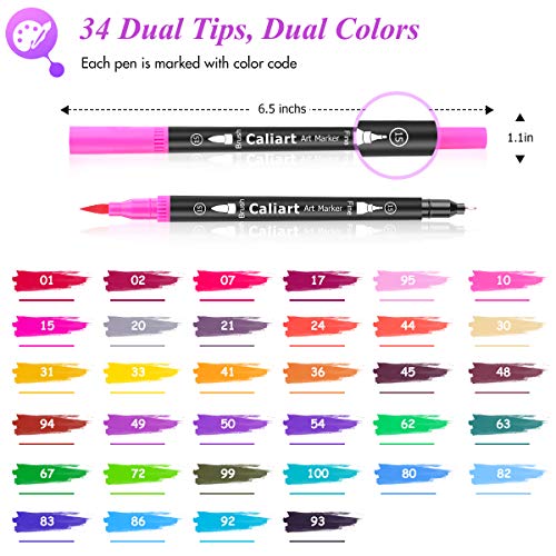 Caliart-34-Dual-Brush-Pens-Art-Markers-Artist-Fine-Brush-Tip-Pen-Coloring-Markers-for-Kids-Adult-Coloring-Book-Bullet-Journaling-Note-Taking-Lettering-Calligraphy-Drawing-Pens-Craft-Supplies