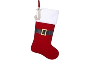 JKSVE 20" Nylon Flocking Fabric Santa Clau Belt Buckle Christmas Stocking with Personalized Wooden Initial Monogram Christmas Stocking, Holiday Xmas Party Decorations（Red/Hunter Green） (Red-J)