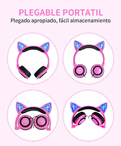 Auriculares niña,Cascos niña,Auriculares Orejas de Gato,Cascos niña,Auriculares Infantiles niña,Auriculares,audifonos de Gato,Auriculares Infantil,Auriculares Rosa (Rosado1)
