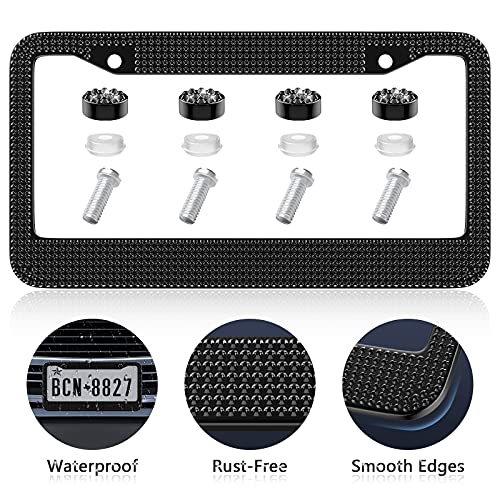 Car License Plate Frames for Women&Men, 2Pack Black Bling Rhinestone Car License Plate Cover, Sparkly Diamond Handcrafted Car Plate Holders, Waterproof Stainless Steel Universal US Car Accessories
