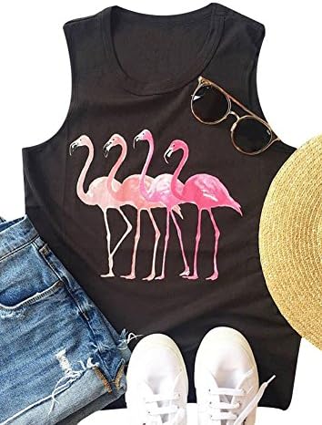 Women Round Neck Flamingo Tank Cami Top Graphic T-Shirt Tops (Black, XL)