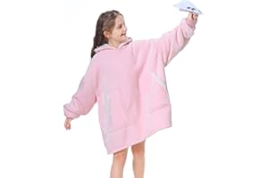 Kipswiza Kids Blanket Hoodie, Wearable Sherpa Blanket Sweatshirt, Super Soft Warm Fluffy Hooded Blanket Gifts for Girls Daughter Children Pink