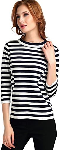 YTUIEKY Women's Fashion Sweater Long Sleeve Tops Blouse Striped Crewneck Sweater 3/4 Sleeves