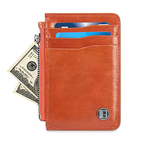 Premium Genuine Leather Wallet, RFID Blocking Slim Minimalist Card Holder with Zipper (Stylish Brown)