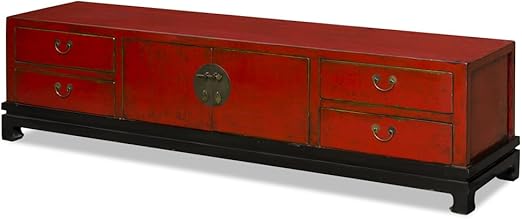Amazon Com China Furniture Online Elmwood Oriental Media Cabinet Kang Style In Distressed Red Finish Kitchen Dining Room Furniture