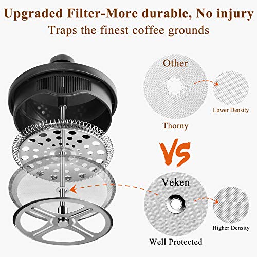 Veken French Press Coffee & Tea Maker 34oz, Thickened Borosilicate