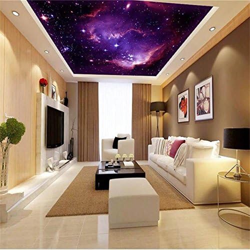 Yosot 3D Wallpaper Custom Size Photo Living Room Hang Ceiling Mural Purple Nebula Starry Sky Painting Non-Woven Wallpaper for Wall 3D-300Cmx210Cm