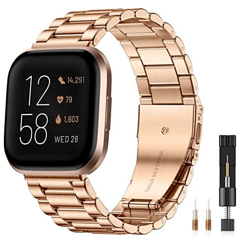 CeMiKa Metal Bracelet Compatible with Fitbit Versa/Versa 2 Bracelet, Adjustable Stainless Steel Bracelet with Double Deployment Clasp for Versa 2 Bracelet/Versa Lite Smartwatch, Rose Gold