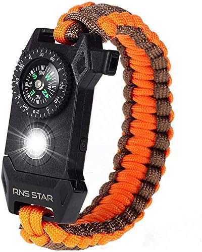Paracord Survival Bracelet 6-IN-1 - Hiking Gear Traveling Camping Gear Kit - 70% BIGGER Compass LED SOS Emergency Function Flashlight,Fire Scrapper,Flint Fire Starter,Survival Knife (Brown-Yellow)