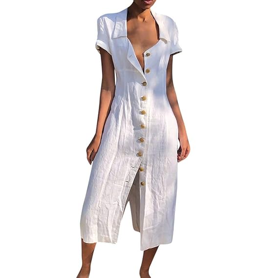 URIBAKY Leinenkleider Damen Lange Kleid,beiläufige T-Shirtkleid,Kurzarm Sommerkleid Feste beiläufige Knopf-Kleid-Hülsen-lose
