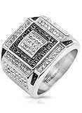 Stainless Steel Square Wide Cast Ring with Micro Paved Black & Clear Simulated Diamonds Pattern Design with Arced Center, Width 17MM - Crazy2Shop