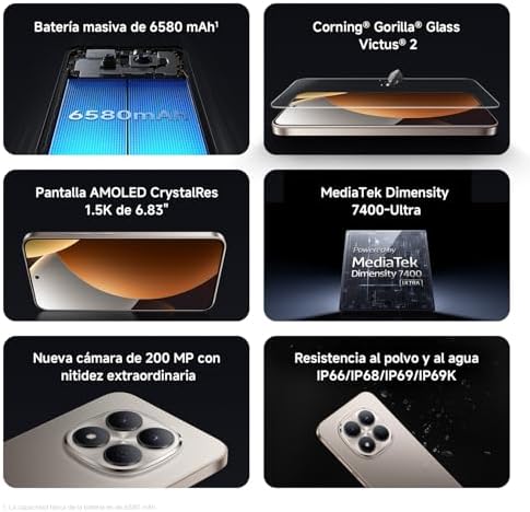 REDMI Note 15 Pro 5G - Smartphone de 8+256GB, Ecrã AMOLED de 6,83" 1,5K, MediaTek Dimensity 7400-Ultra, Câmara de 200MP, Bateria de 6580 mAh, Carregador Não Incluído, Titânio (Versão ES)