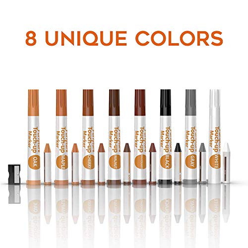 NADAMOO Furniture Markers Touch Up, Set of 17, 8 Markers and 8 Wax Sticks and 1 Sharpener, Wood Scratch Repair Pen for Hardwood Floor Wood Stain, White, Black, Gray, Cherry, Maple, Oak