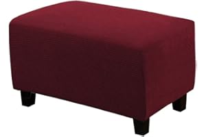 VIENLOVE Rectangle Ottoman Slipcover Polyester Blend Footstool Protector Covers Stretch with Elastic Bottom Feature Textured Machine Washable Jacquard Fabric (Burgundy, Large Size)