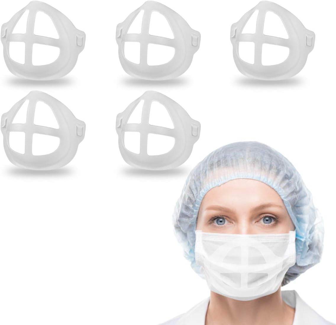 3D Face Bracket for Comfortable Breathing, Inner Support Frame|Under Frame Lipstick Protector Keep Fabric off Mouth to Create More Breathing Space, Reusable Washable Translucent White Pack of 5 - - 