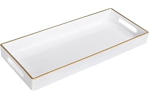 MAONAME White Vanity Tray, Plastic Decorative Tray, Rectangular Trays with Handles, Narrow Bathroom Trays for Toilet Tank, 13.8" X 6" X 1.57"