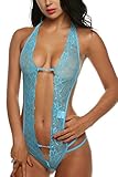 Avidlove Women Deep V Halter Lingerie Lace Babydoll Mini Bodysuit Blue Medium