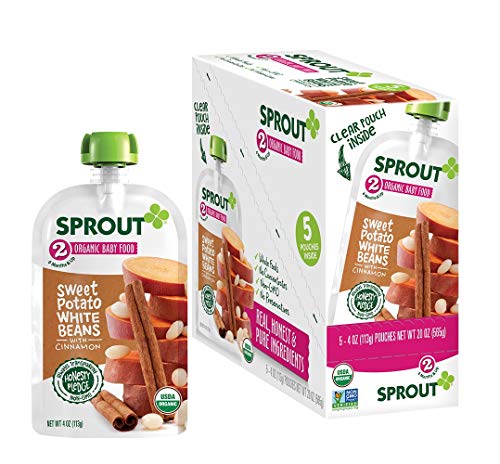 Sprout Organic Baby Food Pouches Stage 2 Sprout Baby Food, Sweet Potato White Bean with Cinnamon, 4 Ounce (Pack of 5); USDA Organic, Non-GMO, Made with Whole Foods, No Preservatives