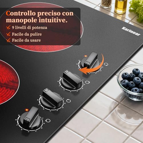 Karinear 4 Burner Glass Ceramic Hob, 6000W Electric Hob 60 cm with Knob, Black Electronic Hobs, Automatic Shut-Off, Crystal Glass