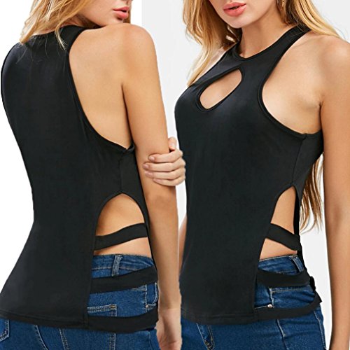 Nevera Women's Sexy Solid V-Neck Blouse Hollow Out Keyhole Cut Out Tank Top Camis (S, Black)