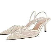keleimusi Women's Mesh Floral Embroidered Slingback Heels with Pearl Studded Pointed Toe Lace Heeled Sandals Backless Slip On Kitten Heel Pumps Wedding Party Shoes