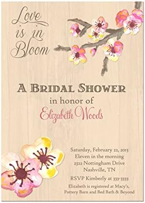 HandmadeCherry Blossoms Bridal Shower Invitation with Rustic Wood Background in Pink and Yellow, Base price is for a set of 10 5x7 inch card stock invitations with white envelopes