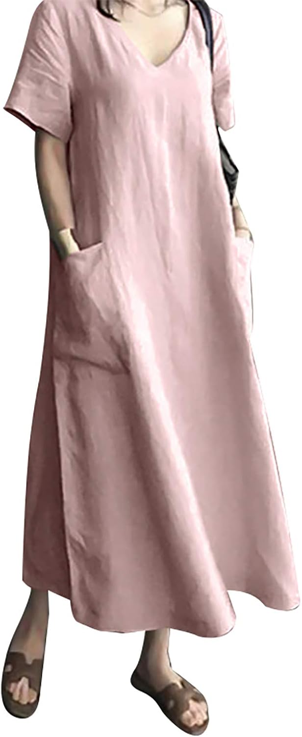 AUDATE Women's Maxi Dress Solid Plus Size Loose Cotton Linen Long Dresses with Pockets