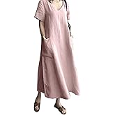 AUDATE Women's Maxi Dress Solid Plus Size Loose Cotton Linen Long Dresses with Pockets