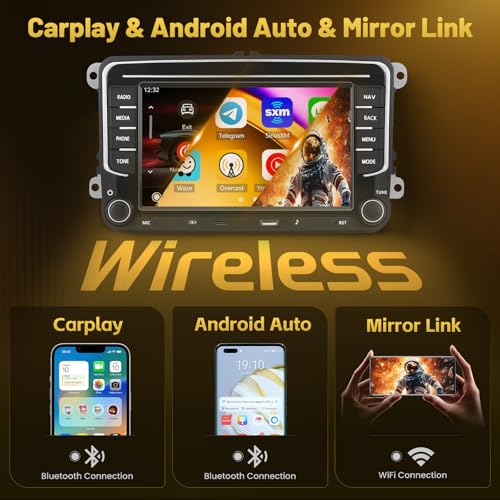 Roinvou 4+64G Radio Coche para VW Beetle Passat Jetta Sharan CC Tiguana Caddy Carplay Inalámbrico Android Auto, Android Pantalla Radio Coche 7'' MirrorLink Bluetooth WiFi GPS 32EQ RDS/FM SWC Cámara