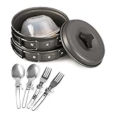 Portable Camping Cookware Mess Kit 12 Piece Backpacking Camp Gear Outdoor Hiking Cooking Utensils Cookset Pot Pan Bowls and Folding Spork Set Bag
