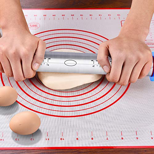 SZUAH Adjustable Rolling Pin, Stainless Steel Roller Pin with Removal Thickness Rings, Pastry Mat and Basting Brush for Baking.