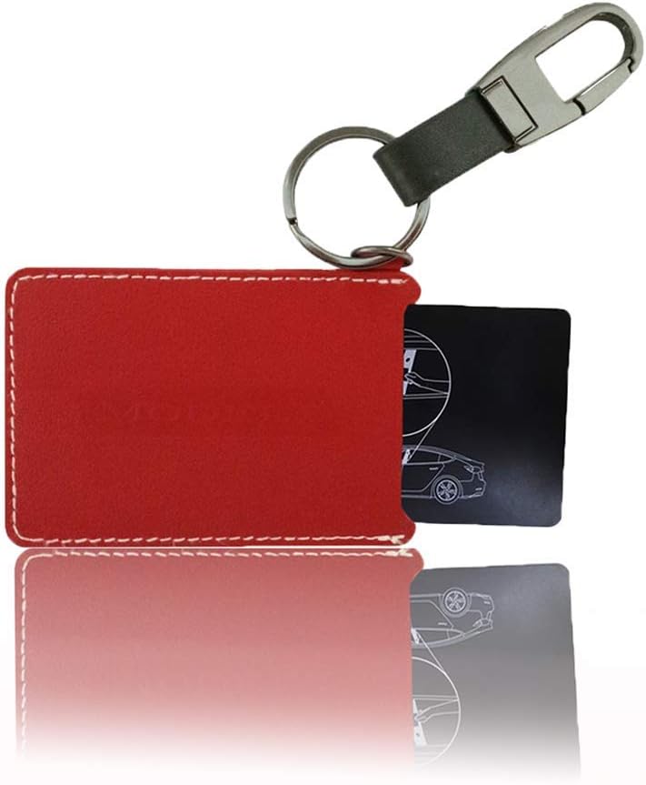 Car Leather Key Card Protector Key Bag Key Chain Card Holder Key Cover Compatible Tesla Model 3 (Red)