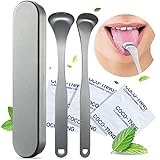 Tongue Cleaner Set for Fresh Breath - 2 Pieces Stainless Steel Tongue Scraper for Oral Hygiene Care and Cure Bad Breath with 3 Pieces Scraper Cleaning Tablet