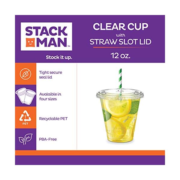 [100 Sets 16 oz.] Clear Plastic Cups with Straw Slot Lid, PET Crystal