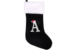 jargebur 20 Inches Initial Monogram Christmas Stocking Personalized,Deluxe Black Velvet Body with Super Soft Plush Cuff Embroidered Letter,Holiday Season Decor