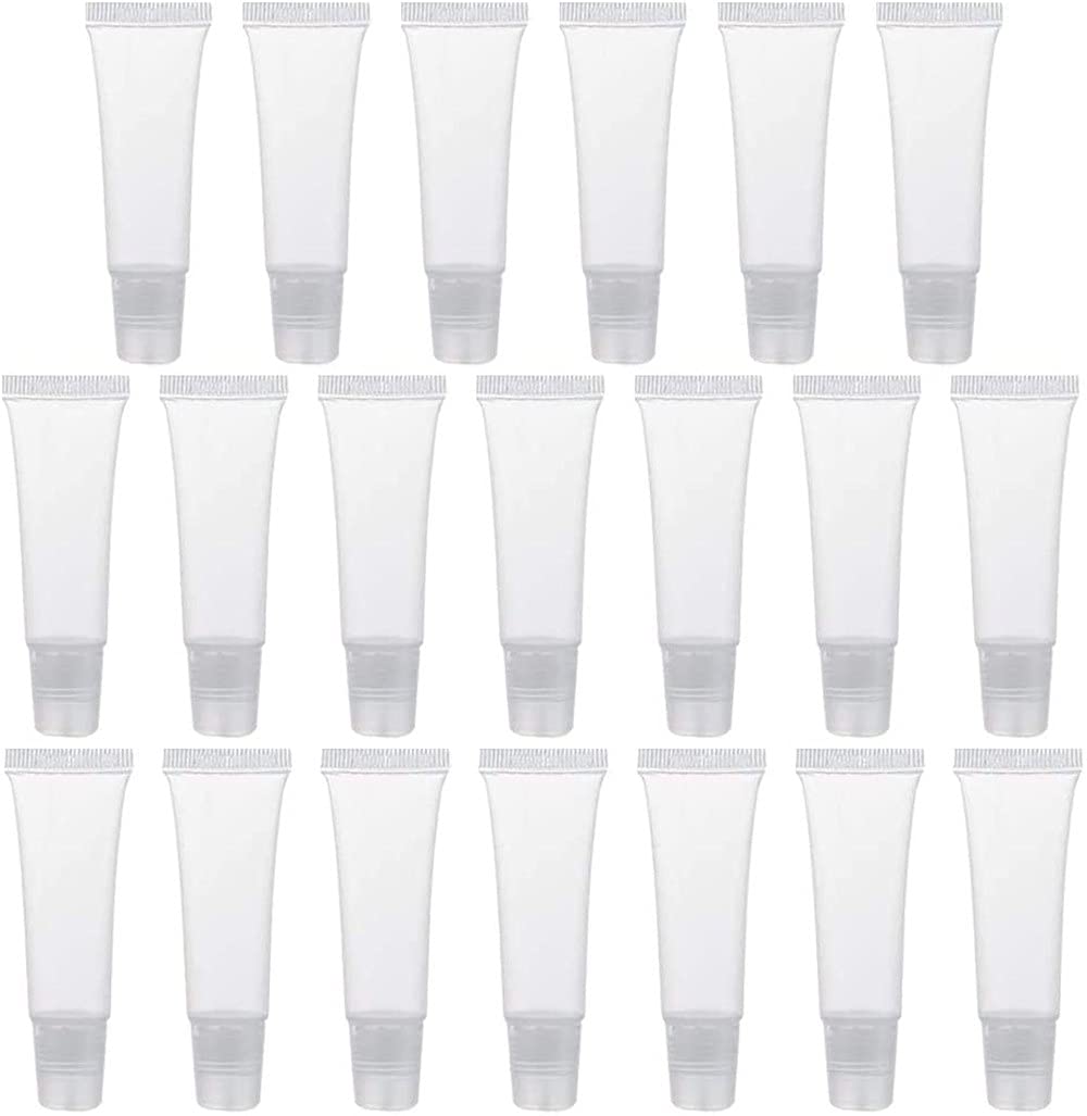 LATRAT 20 Pieces Empty Refillable Tubes Lip Gloss, Transparent Plastic Bottles Mini Container for DIY Lip Gloss, Body Lotion Cosmetic Sample Shampoo (10 ml), transparent, S
