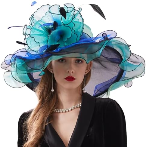 Women\'s Organza Derby Hat Wide Brim Sun Hats Dual-use, Blue and Green Women Organza Church Derby Hat Wide Brim Sun Hats Wedding  main image 2
