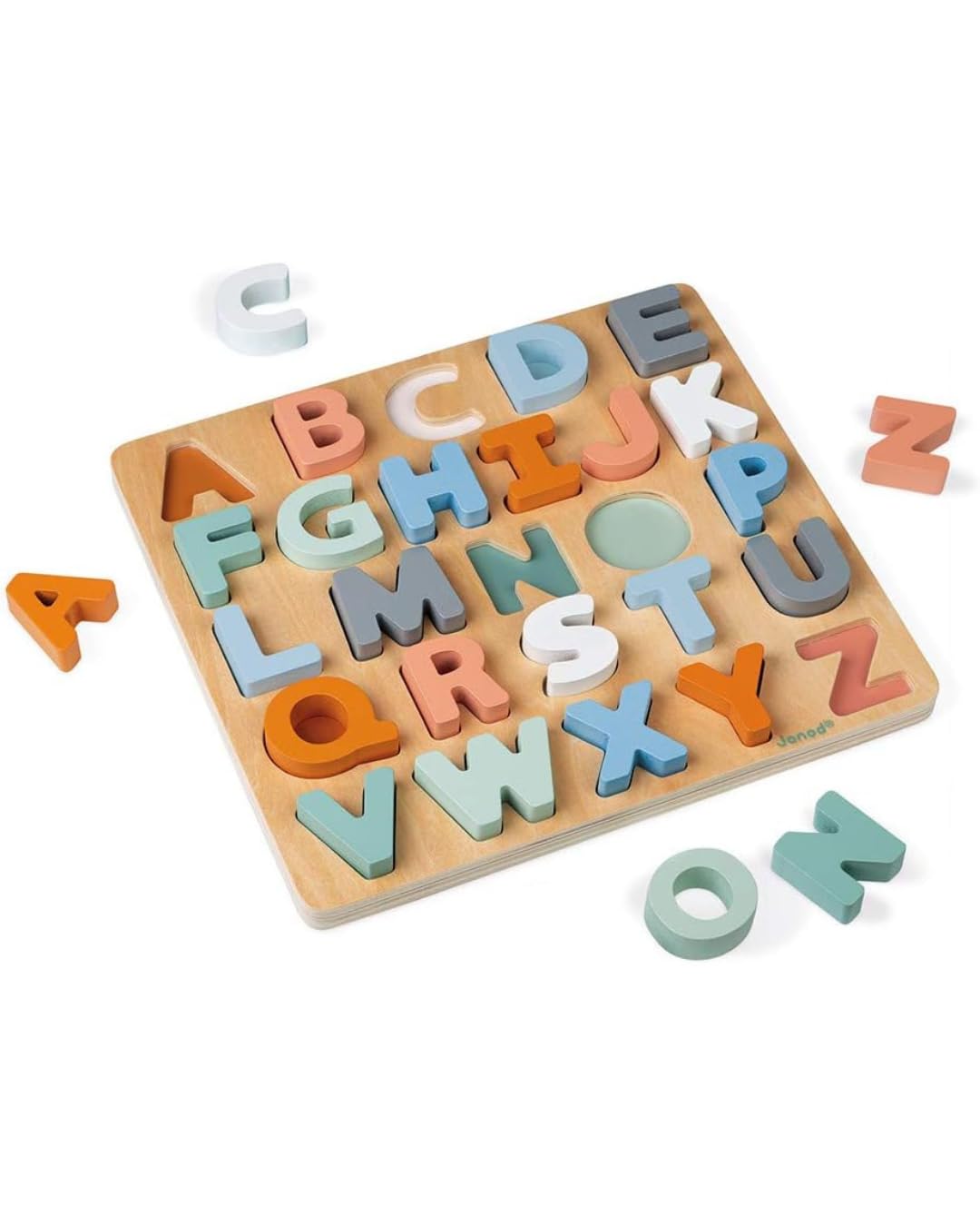 Janod - Wooden Alphabet Puzzle 26 Pieces - Sweet Cocoon Collection - Early-Learning and Early Years Toy, water-based paint - Teaches the Alphabet and Writing - Ages 2 and up. - J04412