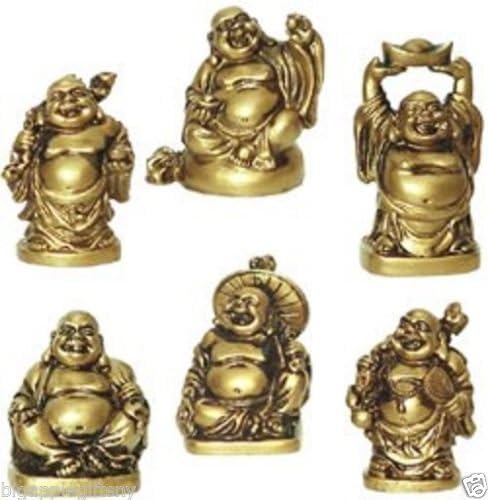 Set of 6 BRONZE COLOR Feng Shui Laughing HAPPY Buddha Figures &amp; Statue Luck