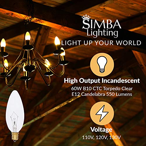 Simba Lighting Candelabra Torpedo Clear B10 CTC 60W E12 Base (12 Pack) Decorative Incandescent Light Bulbs 120V for Chandeliers, Ceiling Fan Lights, Pendants, Wall Sconces, Dimmable, Warm White 2700K